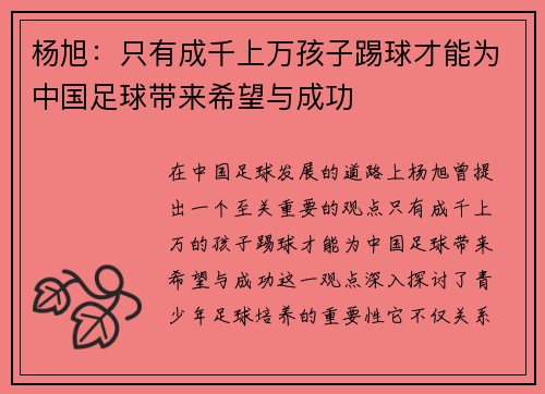 杨旭：只有成千上万孩子踢球才能为中国足球带来希望与成功