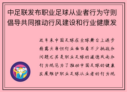 中足联发布职业足球从业者行为守则倡导共同推动行风建设和行业健康发展