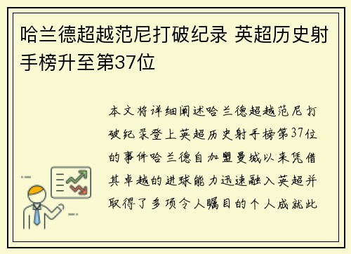 哈兰德超越范尼打破纪录 英超历史射手榜升至第37位